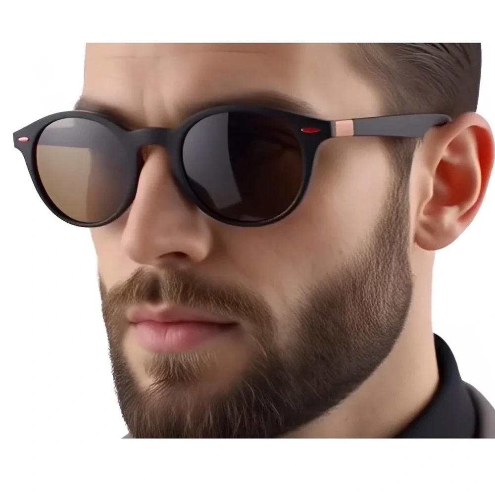 Mens Polarized Sunglasses Round Matte Black Frame Brown Lens Red Accent Fancy‎